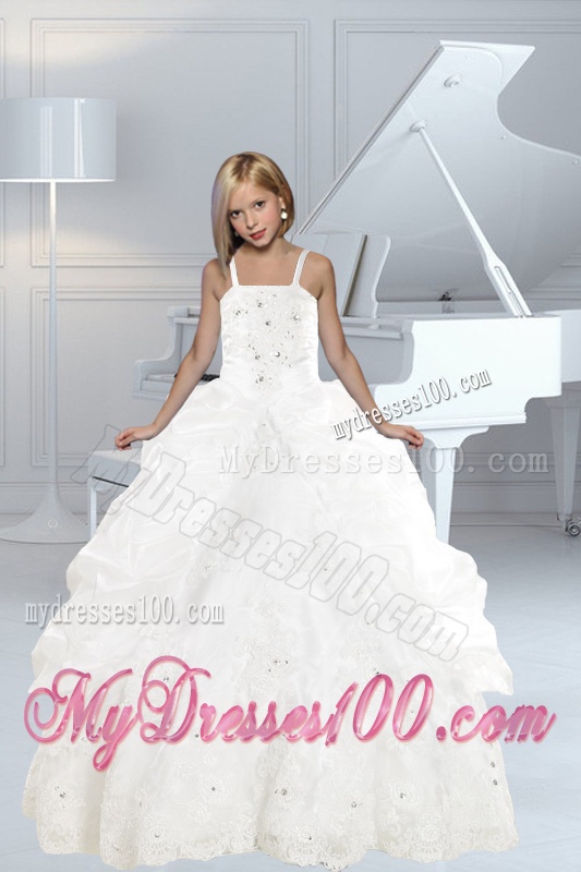 Appliques and Ruffles White Little Girl Pageant Dress with Spaghetti Straps