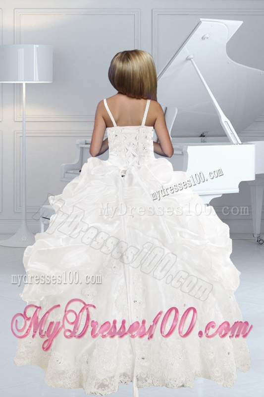 Appliques and Ruffles White Little Girl Pageant Dress with Spaghetti Straps