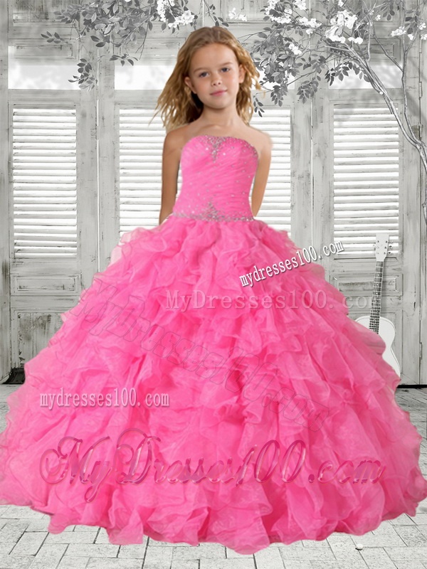 Beading Rose Pink Little Girl Pageant Dress with Ruffles