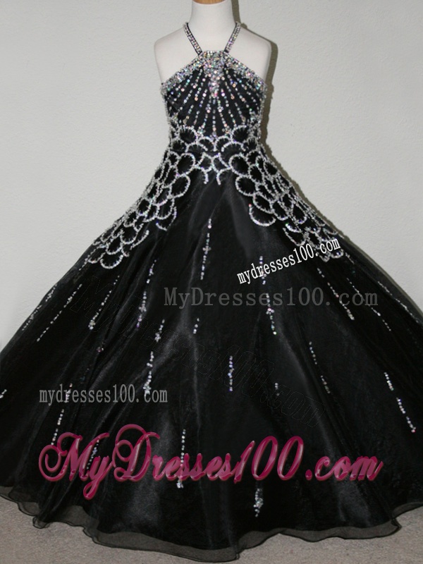 Cheap Beaded Decorated Halter Top and Bodice Little Girl Pageant Dress in Black