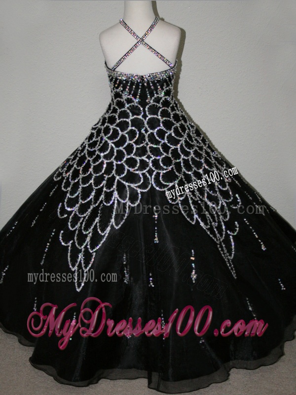 Cheap Beaded Decorated Halter Top and Bodice Little Girl Pageant Dress in Black
