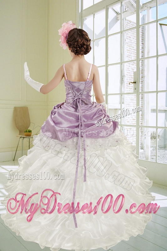 Cheap White and Lavender Little Girl Pageant Dress with Appliques and Ruffled Layers
