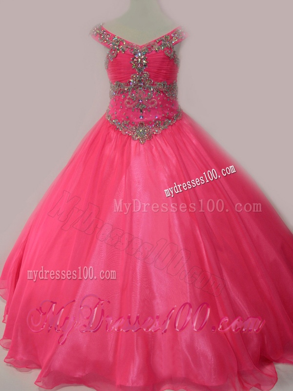 Cute Beaded Bodice Zipper Up Little Girl Pageant Dress in Hot Pink