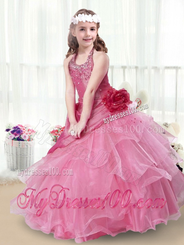 Elegant Halter Top Little Girl Pageant Dresses with Beading and Ruffles