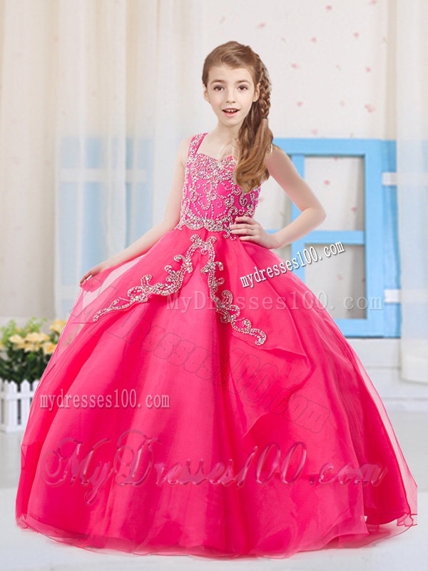 Elgant Hot Pink Straps Organza Little Girl Pageant Dress with Beading