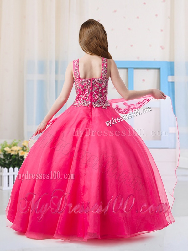 Elgant Hot Pink Straps Organza Little Girl Pageant Dress with Beading