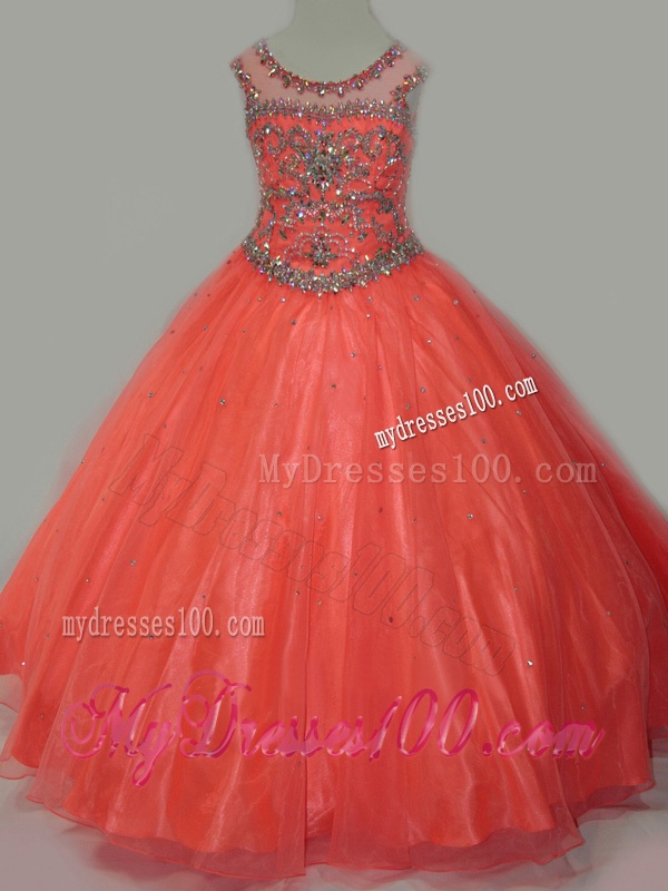 Latest Beaded Bodice Orange Little Girl Pageant Dress with Open Back
