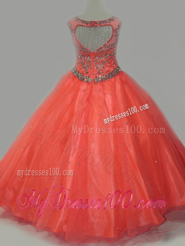 Latest Beaded Bodice Orange Little Girl Pageant Dress with Open Back