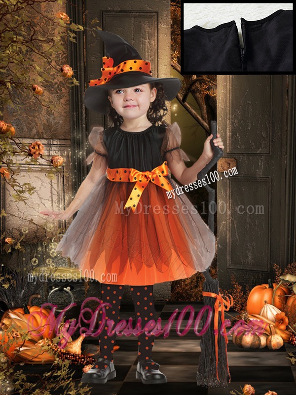 Lovely A Line Scoop Bowknot Little Girl Pageant Dress in Orange Red and Black