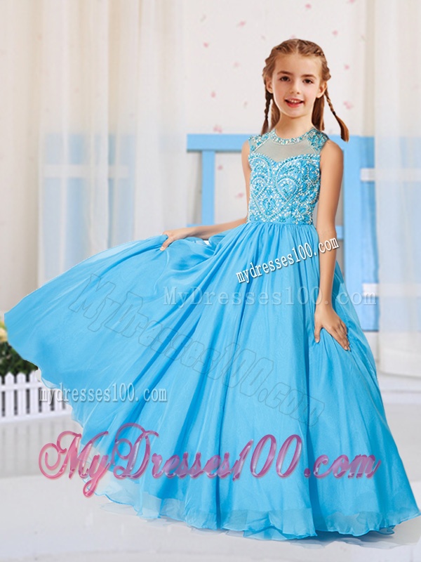 Most Popular Pincess Scoop Beaded Aqua Blue and Red Little Girl Pageant Dress
