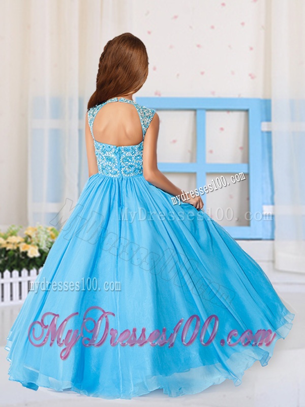 Most Popular Pincess Scoop Beaded Aqua Blue and Red Little Girl Pageant Dress