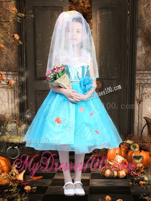 New Style Blue and White Little Girl Pageant Dress with Sequins and Handcrafted Flower