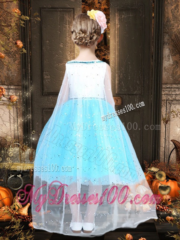 New Style Blue and White Little Girl Pageant Dress with Sequins and Handcrafted Flower