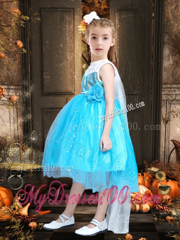 New Style Blue and White Little Girl Pageant Dress with Sequins and Handcrafted Flower