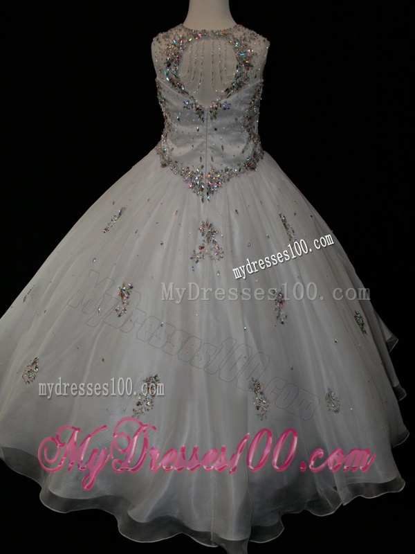 Pretty Ball Gown Beaded and Applique White Little Girl Pageant Dress in Organza