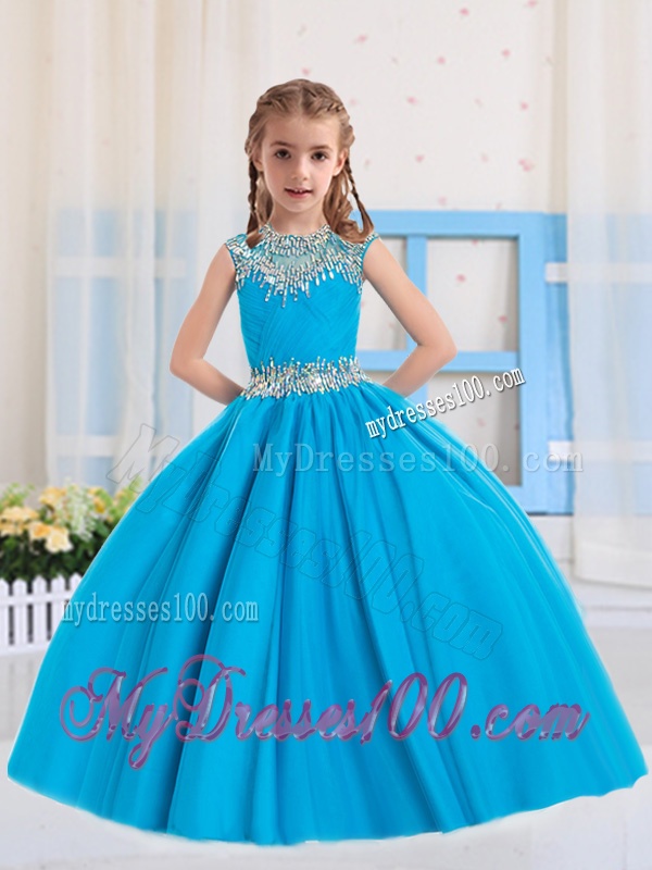 Pretty Ball Gowns Scoop Beading Baby Blue and Baby Pink Short Sleeves Little Girl Pageant Dress