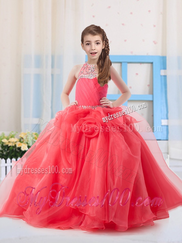 Pretty Halter Organza Beading Little Girl Pageant Dress in Coral Red