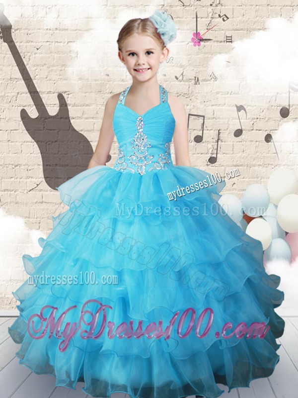 Pretty Halter Top Little Girl Pageant Dresses with Beading and Ruffled Layers