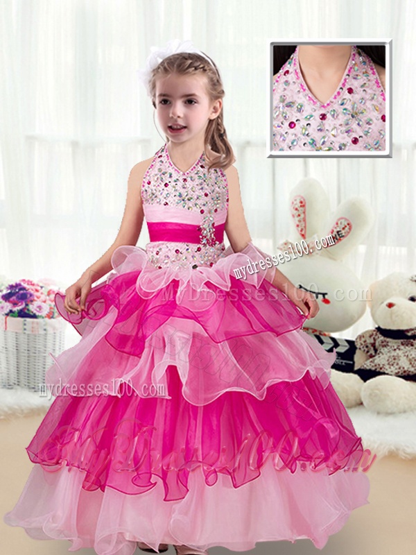Pretty Halter Top Little Girl Pageant Dresses with Ruffled Layers