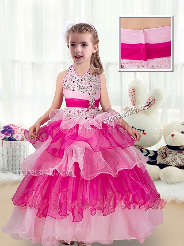 Pretty Halter Top Little Girl Pageant Dresses with Ruffled Layers