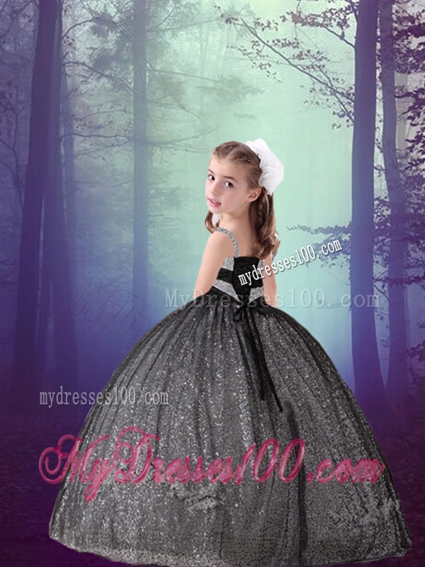 Pretty Straps Black Sequined Little Girl Pageant Dresses with Appliques
