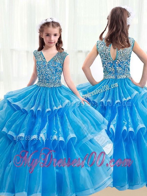 Pretty V Neck Baby Blue Little Girl Pageant Dresses with Ruffled Layers