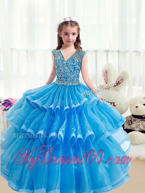 Pretty V Neck Baby Blue Little Girl Pageant Dresses with Ruffled Layers