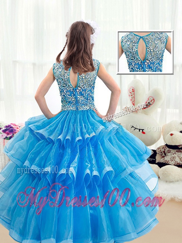 Pretty V Neck Baby Blue Little Girl Pageant Dresses with Ruffled Layers