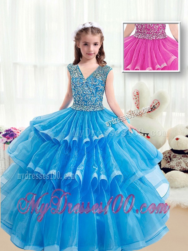 Pretty V Neck Baby Blue Little Girl Pageant Dresses with Ruffled Layers