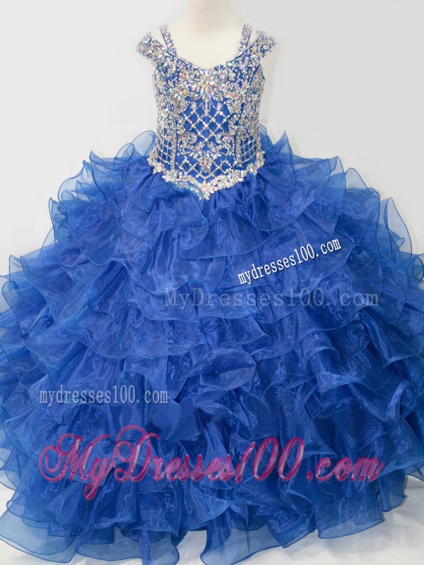 Puffy Skirt V-neck Beaded and Ruffled Layers Little Girl Pageant Dress with Straps