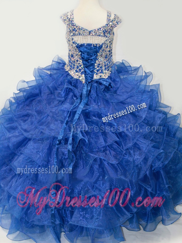 Puffy Skirt V-neck Beaded and Ruffled Layers Little Girl Pageant Dress with Straps