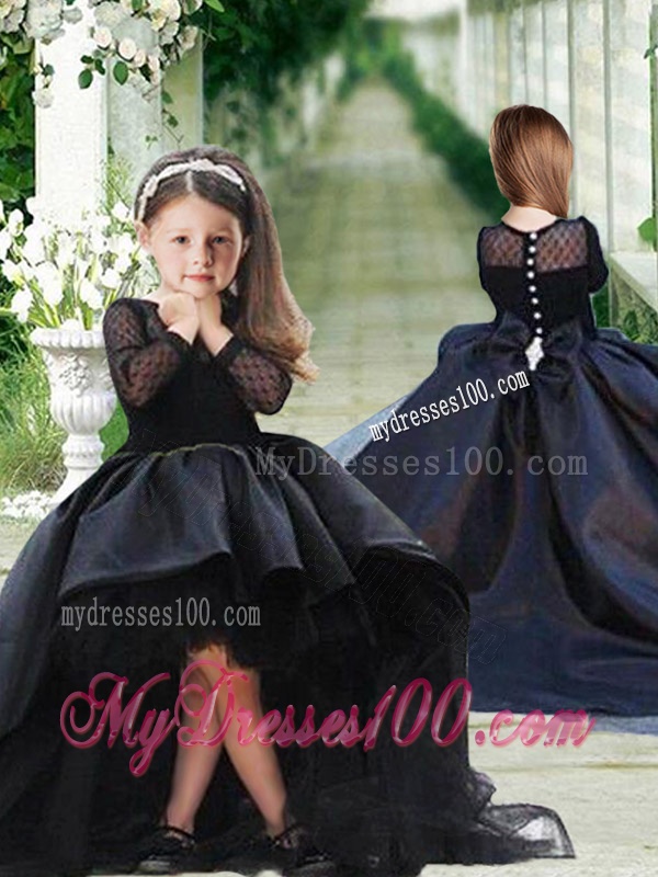 Romantic See Through Long Sleeves Little Girl Pageant Dress in Navy Blue