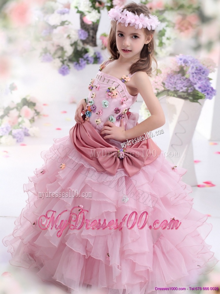 Rose Pink Little Girl Pageant Dress with Hand Made Flowers and Ruffled Layers