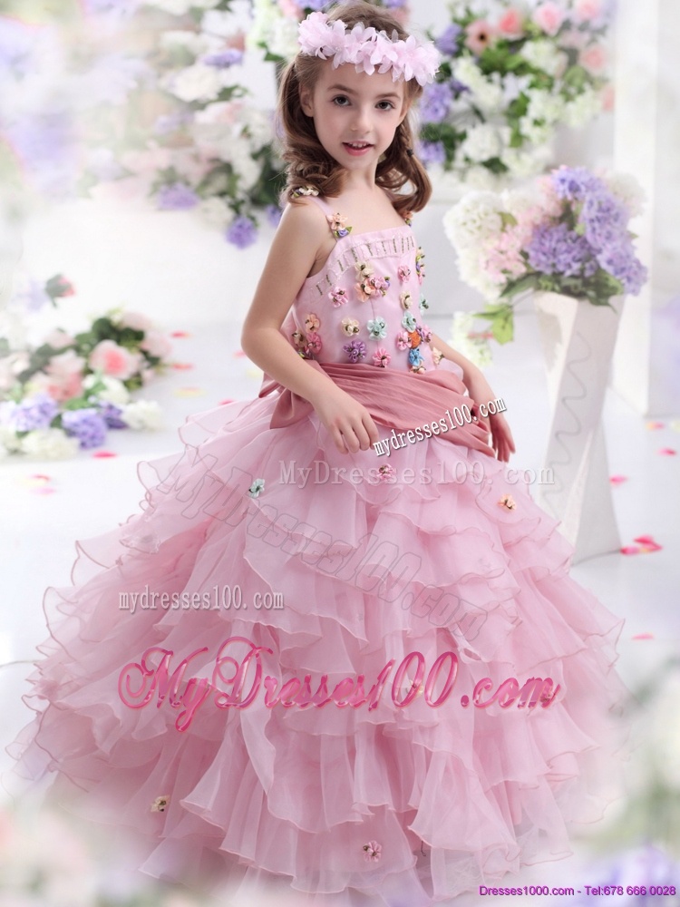 Rose Pink Little Girl Pageant Dress with Hand Made Flowers and Ruffled Layers