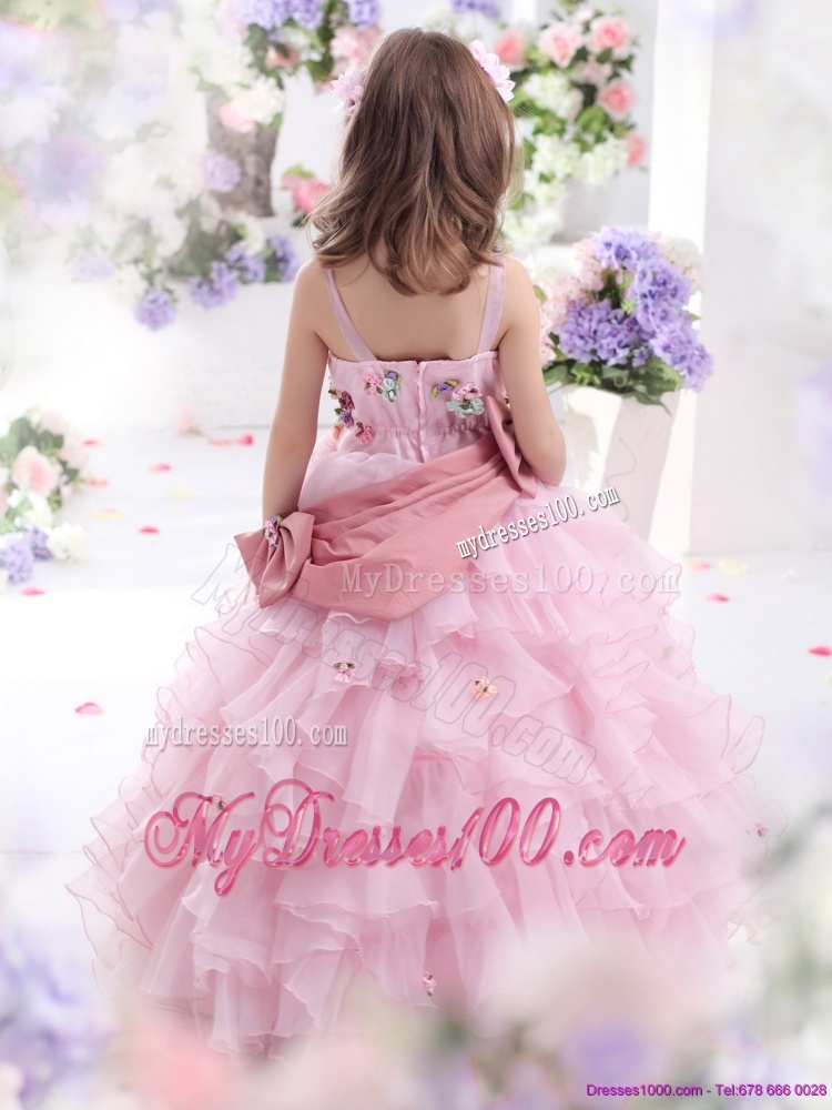 Rose Pink Little Girl Pageant Dress with Hand Made Flowers and Ruffled Layers
