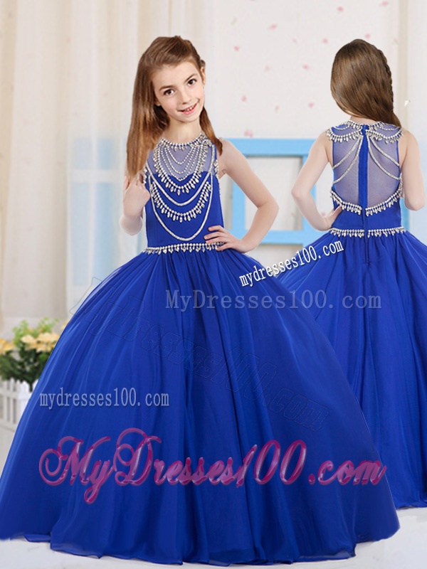 Royal Blue Ball Gowns Scoop Organza Little Girl Pageant Dress with Beading