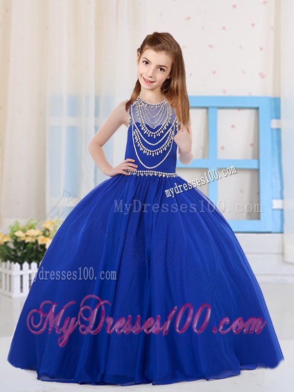 Royal Blue Ball Gowns Scoop Organza Little Girl Pageant Dress with Beading