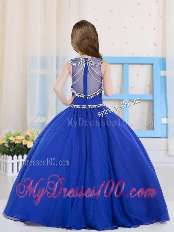 Royal Blue Ball Gowns Scoop Organza Little Girl Pageant Dress with Beading
