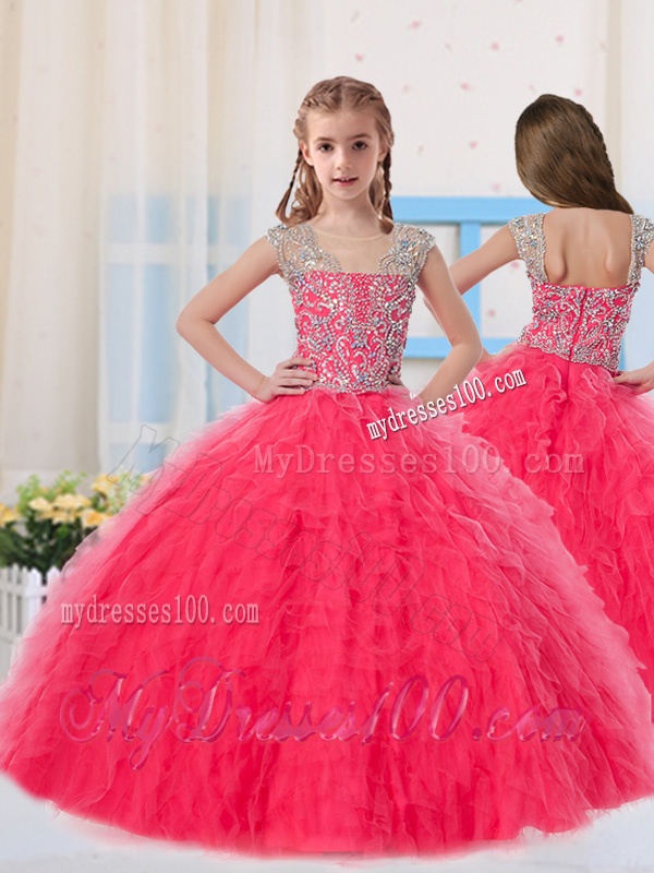Sweet Ball Gowns Scoop Long Coral Red Little Girl Pageant Dress with Beading