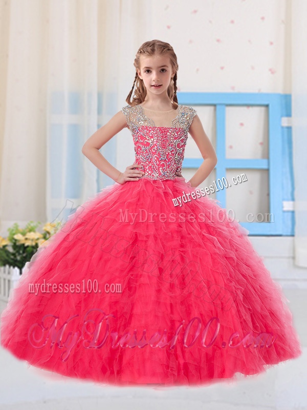 Sweet Ball Gowns Scoop Long Coral Red Little Girl Pageant Dress with Beading