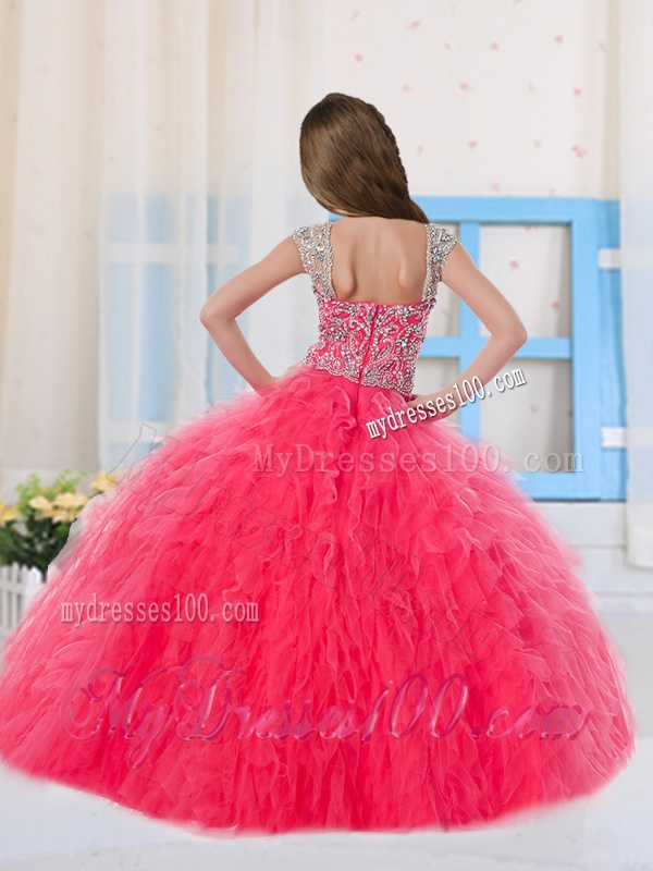 Sweet Ball Gowns Scoop Long Coral Red Little Girl Pageant Dress with Beading