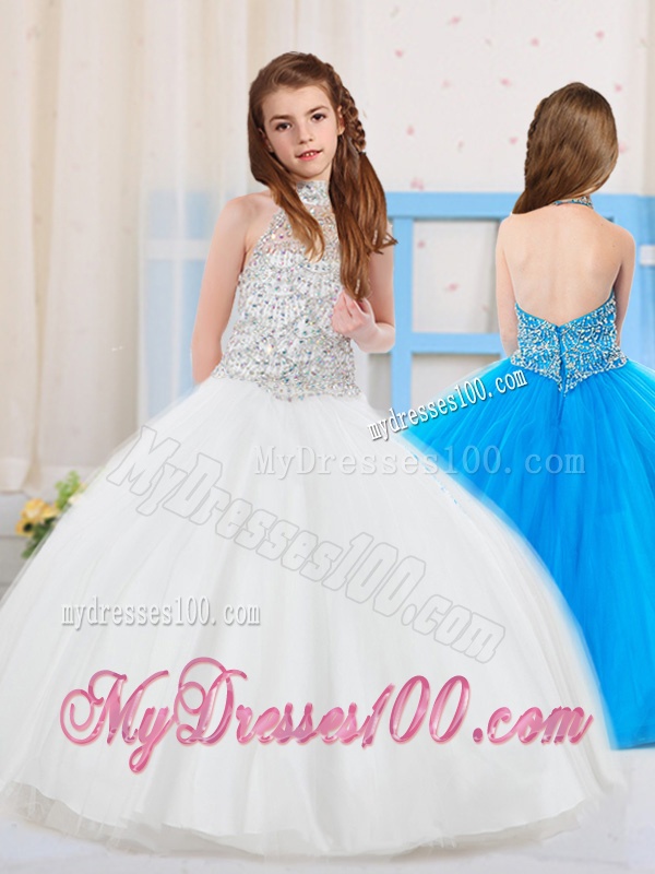 Top Selling Ball Gown Halter Tulle Beaded Little Girl Pageant Dress in White
