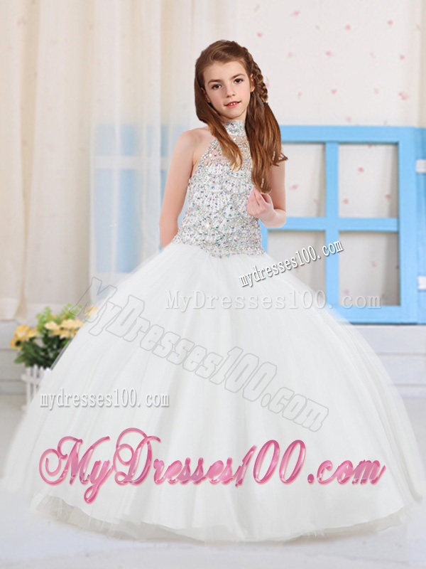 Top Selling Ball Gown Halter Tulle Beaded Little Girl Pageant Dress in White