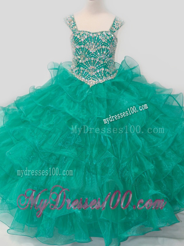 Top Selling Princess Straps Organza Turquoise Lace Up Little Girl Pageant Dress with Beading