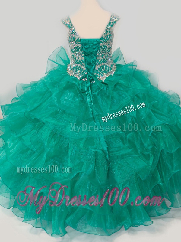 Top Selling Princess Straps Organza Turquoise Lace Up Little Girl Pageant Dress with Beading