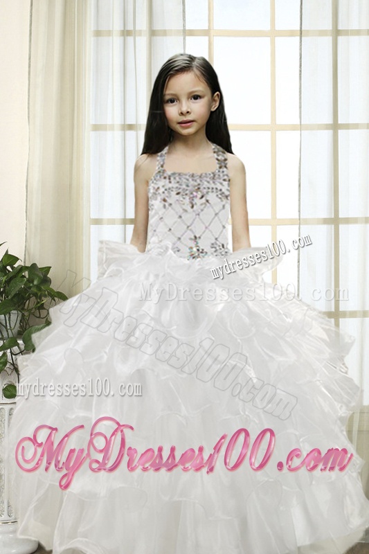 White Ball Gown Halter 2016 Little Girl Pageant Dress with Beading and Ruffles