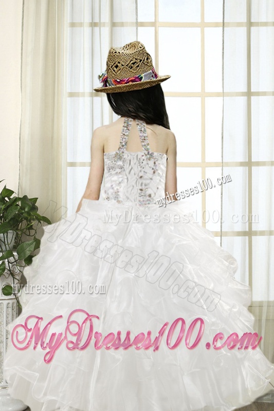 White Ball Gown Halter 2016 Little Girl Pageant Dress with Beading and Ruffles