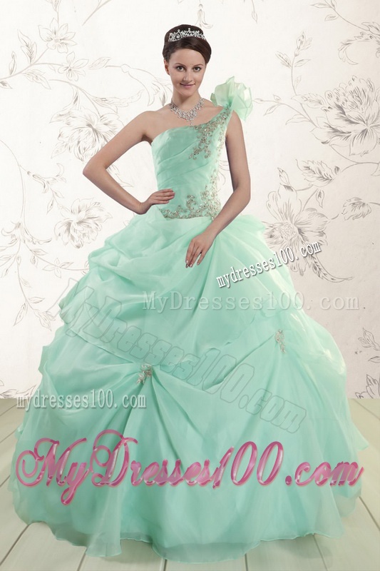 2016 Apple Green One Shoulder Cheap Quinceanera Dresses with Appliques