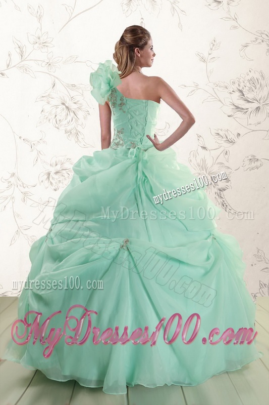 2016 Apple Green One Shoulder Cheap Quinceanera Dresses with Appliques