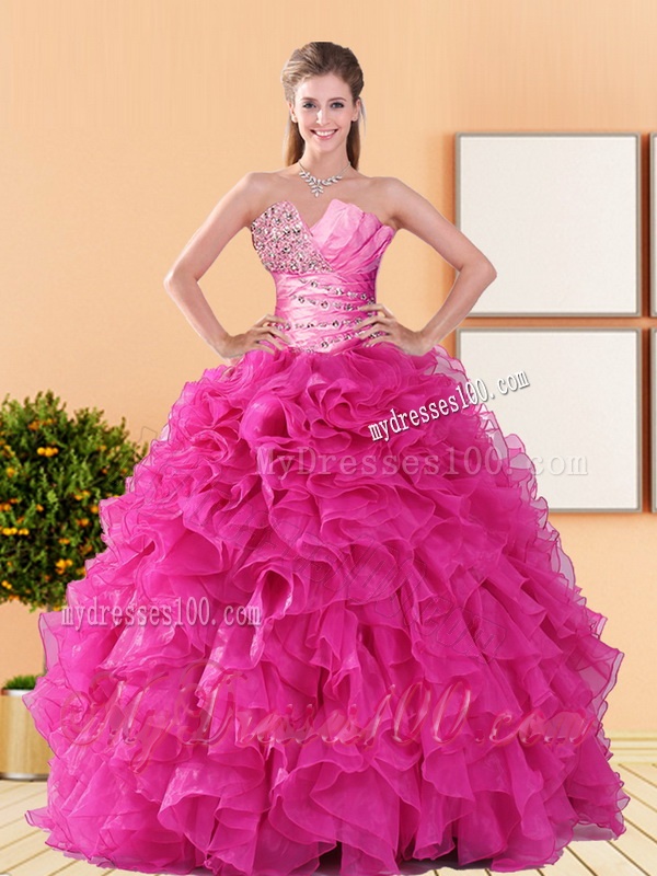 2016 Comfortable Beading and Ruffles Quinceanera Dresses in Hot Pink